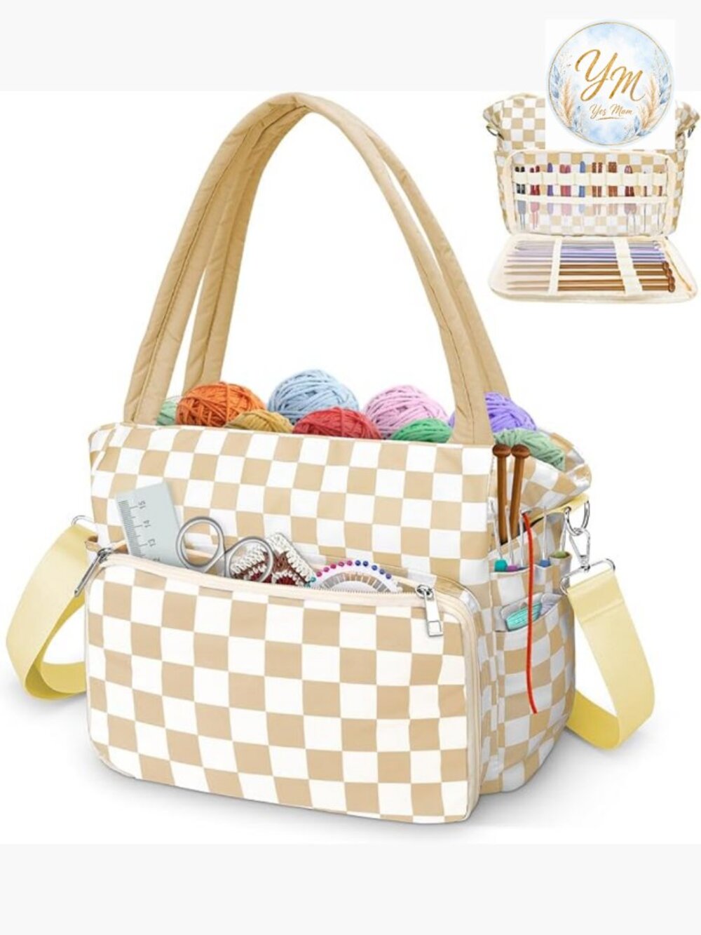 Crochet Yarn Storage Bag with Multiple Pockets, Portable Knitting Tote, Durable